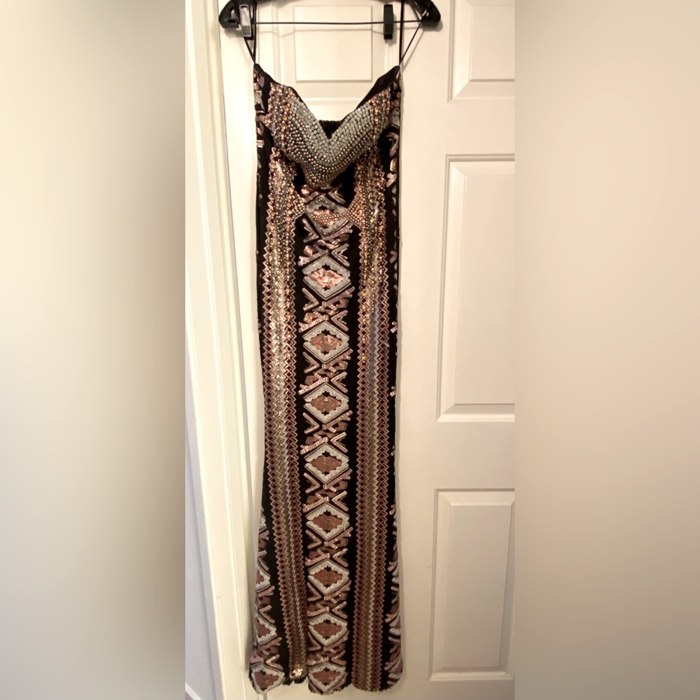 Multi colored beaded strapless gown